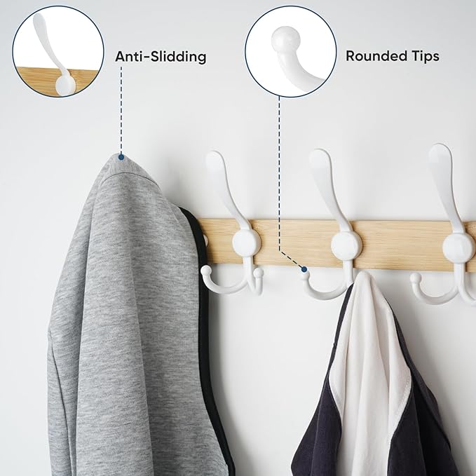TICONN Wall Mounted Coat Rack, Five Heavy Duty Tri Hooks All Metal Construction