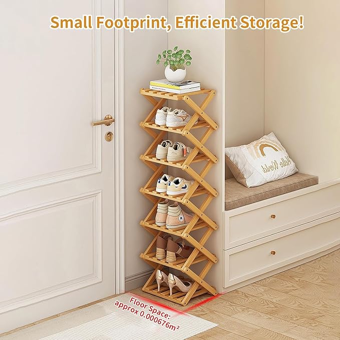 YYW Bamboo Shoe Rack for Entryway,Installation-Free and Foldable Vertical Shoe Storage Organizer,Free Standing Shoe Racks Shelf Closet Shoe Organizer for Living Room (Nature-2 layers)