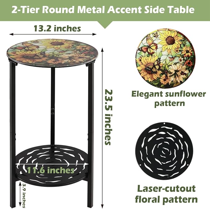 2-Tier Metal Round Side Table Black Accent Coffee Tables Small Space Corner Plant Stand Shelf for Indoor Outdoor Use Patio Balcony End Table Flower Print Weather-Resistant