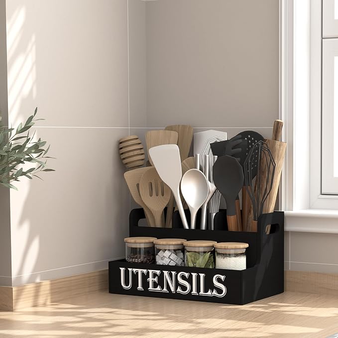 Suli Kitchen Utensils Holder, White Wooden Utensil Organizer for Kitchen Countertop, Farmhouse Utensil Storage, Rustic Cooking Utensils ,4 Compartments,- Black