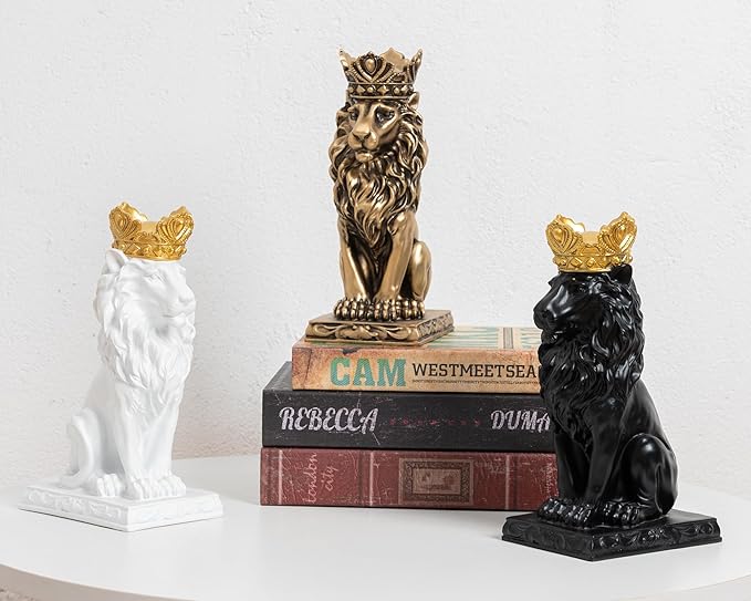 Lion Statue Decor 9 inch Resin, Gold Decor Accent Crown Lion Statue Man Home Office Desk Table Shelf Decoration, Men Father Leo Gift