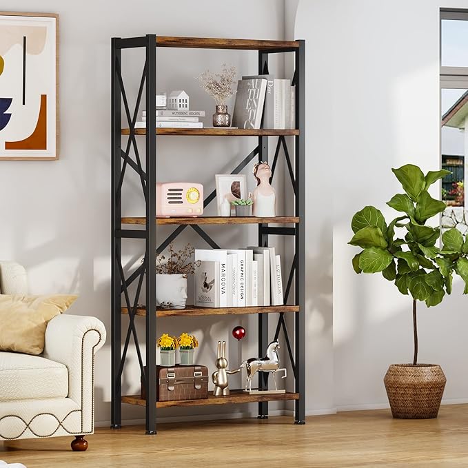 Homeiju 5-Tier Bookshelf,Wood Bookcase,Book Shelf with Steel Frame, Storage Rack with Open Shelves, Rustic Standing Bookshelves Ladder Shelf 110lbs/shelf for Bedroom,Living Room and Home Office