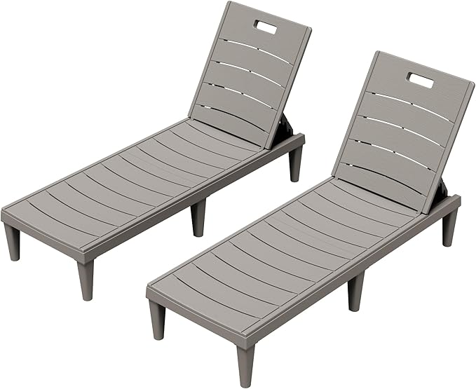 Greesum Outdoor Chaise Lounge Chairs Set of 2 with 5-Position Adjustable Backrest, Waterproof PP Sun Loungers for Garden Pool Beach Patio Deck Sunbathing, Light Coffee