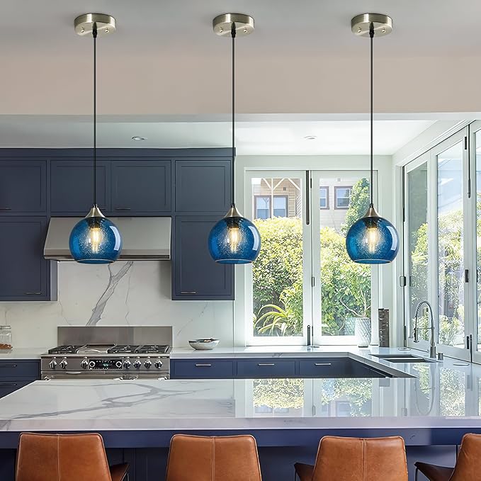Blue Glass Pendant Lights Kitchen Island Lighting Globe Pendant Light Fixtures Modern Pendant Lighting for Kitchen Island Bedroom Living Dining Room Light Fixture(5.9in, 3-Pack)