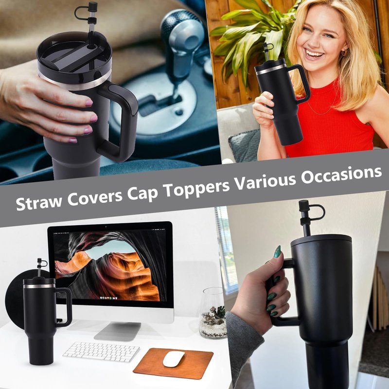 CEDIDJAC 6PCS Silicone Straw Covers Cap Compatible with Stanley Cup 30-40 oz Tumbler with Handle 10mm Straw Toppers，Dust-Proof Reusable Straw Cover for Stanley Cup Accessories (Black)