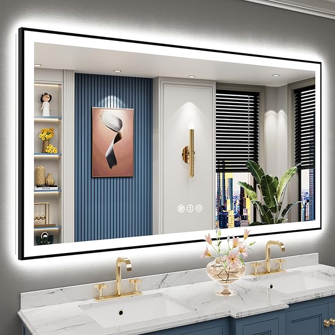 66x36 Black Framed LED Bathroom Mirror
