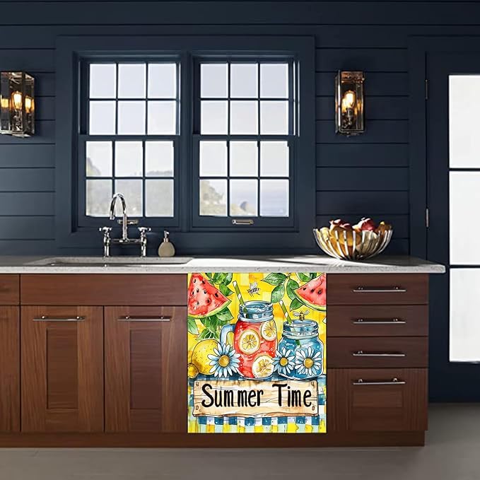 Summer Time Kitchen Decor Dishwasher Magnet Cover, Watermelon Lemonade Magnet Refrigerator Cover Panel Decal, Daisy Home Cabinet Sticker Bee Fridge Magnet Sticker 23" W x 26" H Magnetic