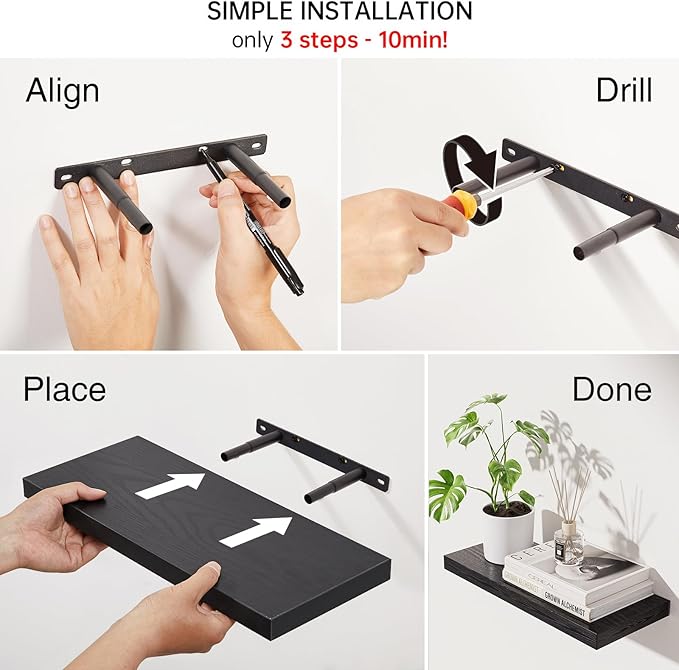BAYKA Floating Shelves for Wall, Wall Mounted Rustic Wood Shelves for Bathroom, Bedroom, Living Room, Kitchen, Hanging Shelf for Books/Storage/Room Decor with 22lbs Capacity (Black, Set of 3, 15.7in)