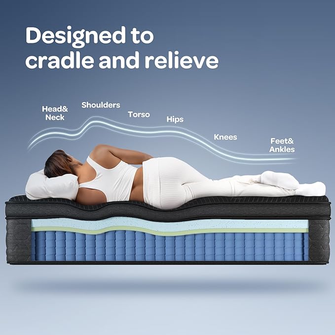 OhGeni 12 Inch Cooling Queen Size Mattress, Hybrid Gel-infused Memory Foam Bed Mattresses in a Box, Medium Feel Cool Top Fabric,Individual Pocket Spring, 3-Zone design & Reinforced Edge Support, Black