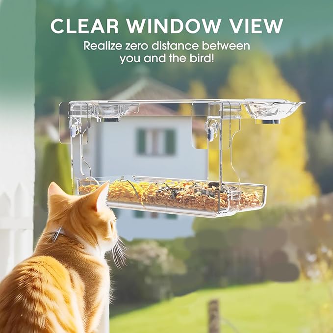 SUNALLY Window Bird Feeder for Outdoors, Clear Wild Bird Feeders Window Mounted with Self-Adhesive Hooks, Outside Hummingbird, burd, Oriole, Finch Bird Watching for Garden, Yard, Elderly Kids Viewing