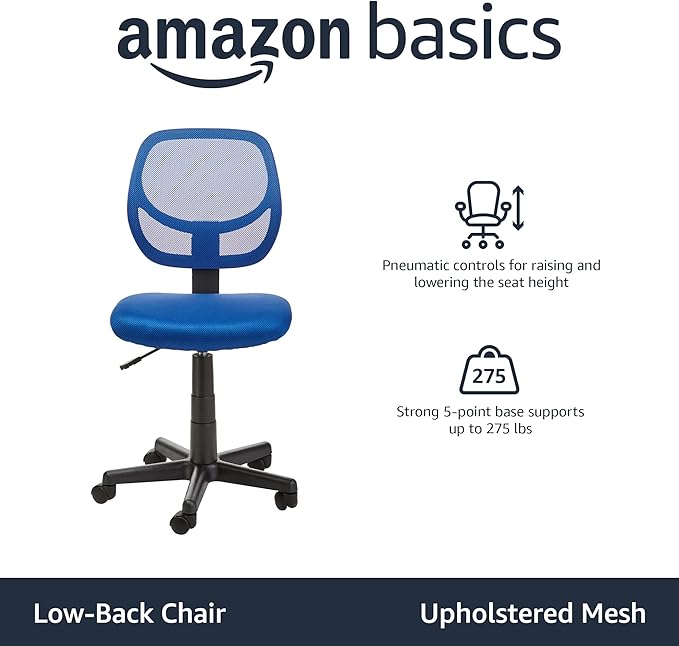 Amazon Basics Low Back Office Chair, Breathable Mesh, Height Adjustable, Padded Seat, Rolling Wheels, Swivel, Blue, 21.25" D x 22.5" W x 38" H