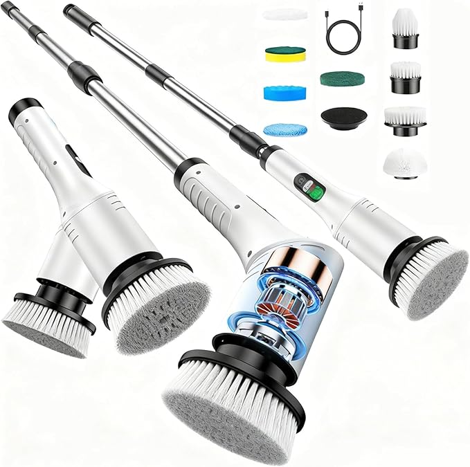 Electric Spin Scrubber, Cordless Shower Cleaning Scrubber with 9 Brush Heads, 2 Speed with Adjustable Extension Handle, Waterproof Bathroom Scrubber with LCD Display for Bathtub Kitchen Wall