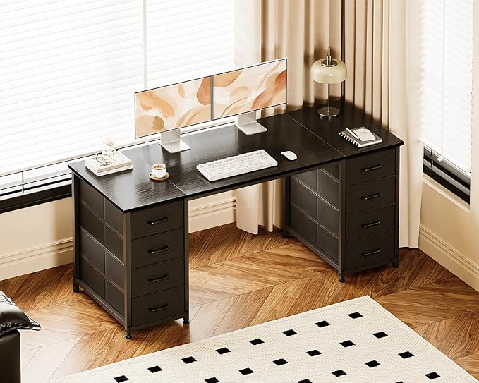 Casaottima 55 Inches Computer Desk with 8 Fabric Drawers, Modern Office Desk with Large Storage for Home Office, Study, Black