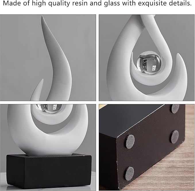 AWNR Abstract White Sculpture Decor: Flame Statue with Glass Ball Resin Art Figurines Unique Centerpiece Table Decorations Modern Home Decor Living Room TV Stand Coffee Table Office Decor