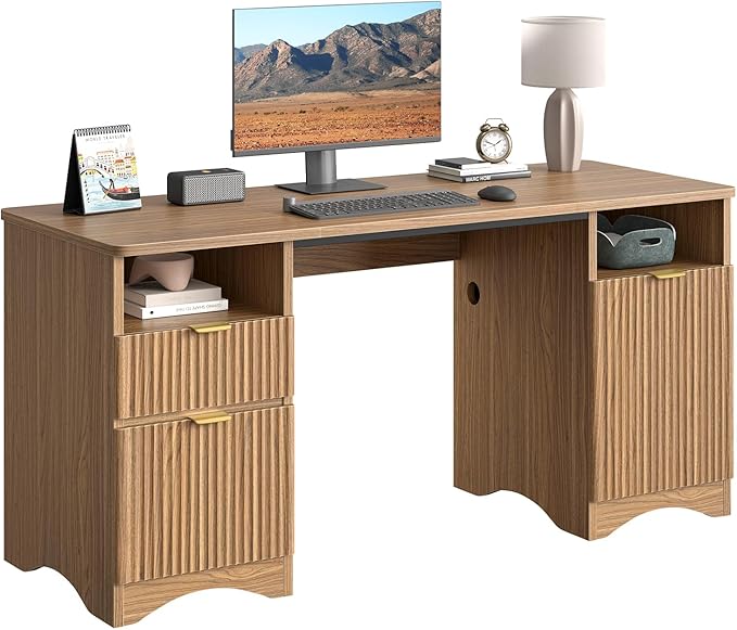 Bestier 59 inch Office Desk with 2 Drawer, Computer Desk with File Cabinet & 2 Open Storage, Modern Fluted Wood Desk for Home Office Bedroom Study, Natual Oak