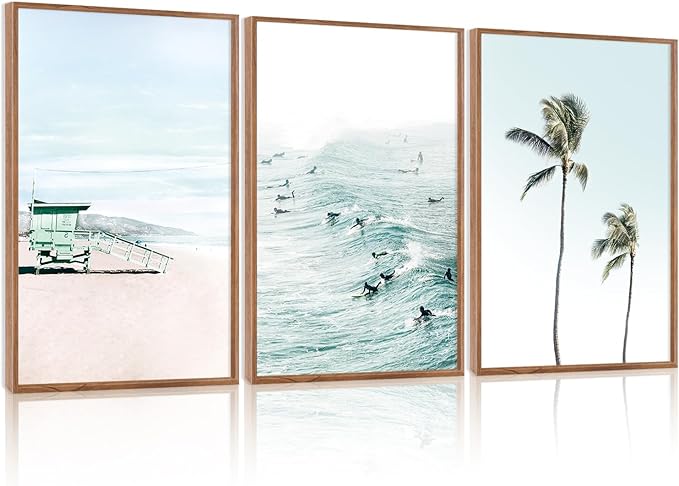CHDITB Coastal Beach Framed Canvas Wall Art Set of 3, Ocean Surfing Wall Decor, Tropical Palm Tree Artwork, Nautical Poster, Modern Waves Surfing Painting for Living Room, Bedroom, Office 16"x24"