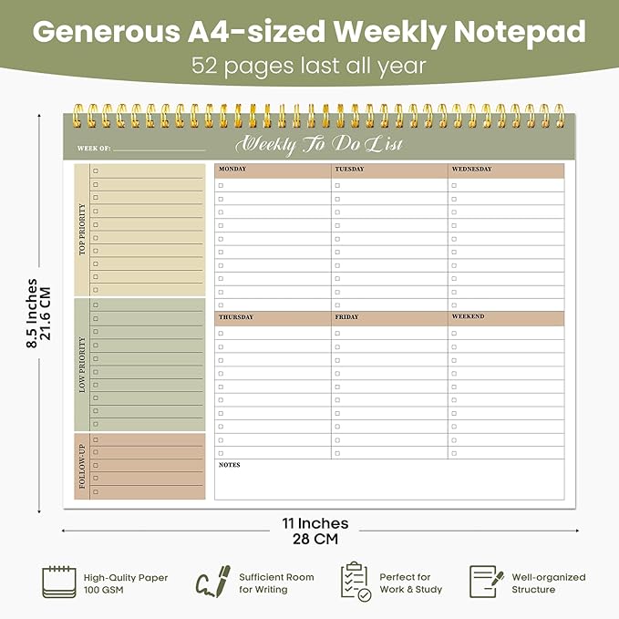 Weekly To Do List Notepad with 52 Undated Sheets（8.5"×11"）- Undated Weekly Planner Notepad for Office Desk Accessories and Supplies - Forest Shades