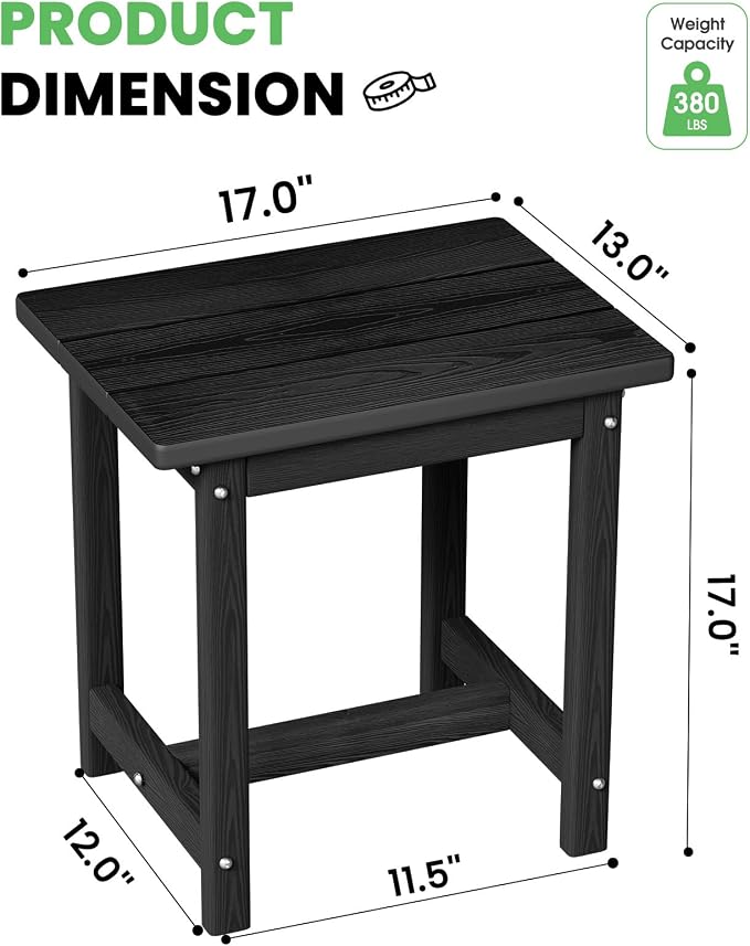 Outdoor Side Table – 17" HDPE Adirondack Side Tables, Sturdy Small Outdoor Porch Tables, Weather-Resistant & Easy Assembly Patio End Table for Garden, Balcony, Porch & Poolside (Black)