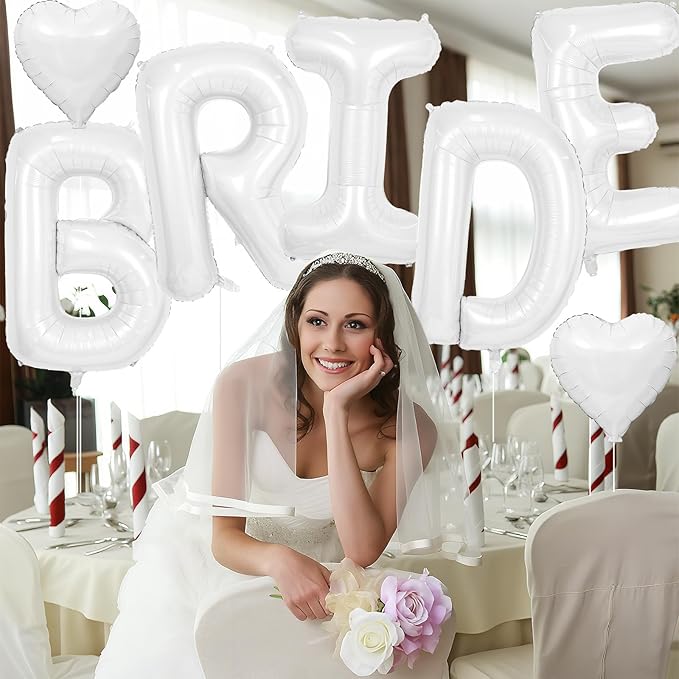 40inch White BRIDE Letter Balloons, Giant White Bride Foil Helium Balloon Banner with Heart Balloon for Bride to Be Wedding Engagement Bridal Shower Bachelorette Party Decoration