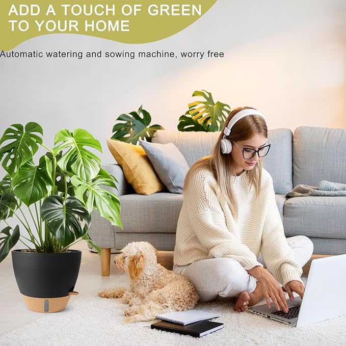 Self Watering Pots for Indoor Plants 12/10/9/8 Inch Large Plastic Self Watering Flower Pots Indoor Outdoor with Drainage Holes, Deep Reservoir,Nursery Planting Pot for Indoor Outdoor Plants Black