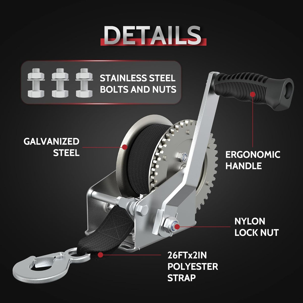 Skiennix Boat Trailer Winch - 1600 LB Heavy Duty Manual Winch with 26FT Strap & Hook