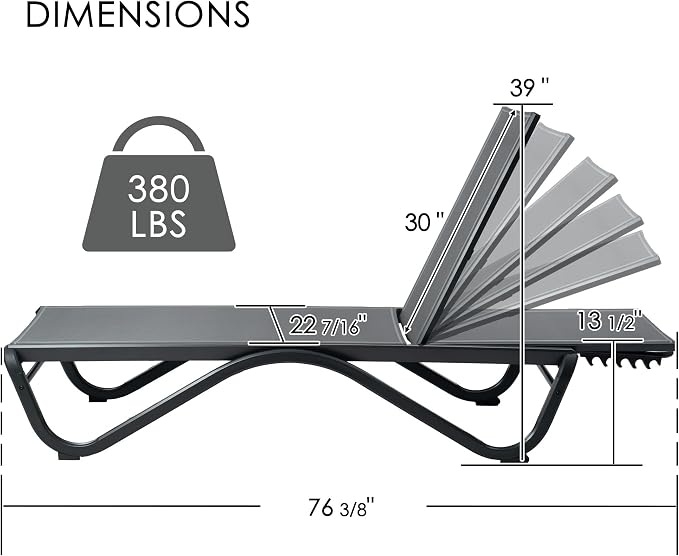 Kozyard Outdoor Chaise Lounge Chair, All Aluminum Frame and Textilene Fabric, Fully Flat Adjustable Reclining Patio Lounger for Poolside, Sunbathing & Backyard (Gray, 2Chairs)