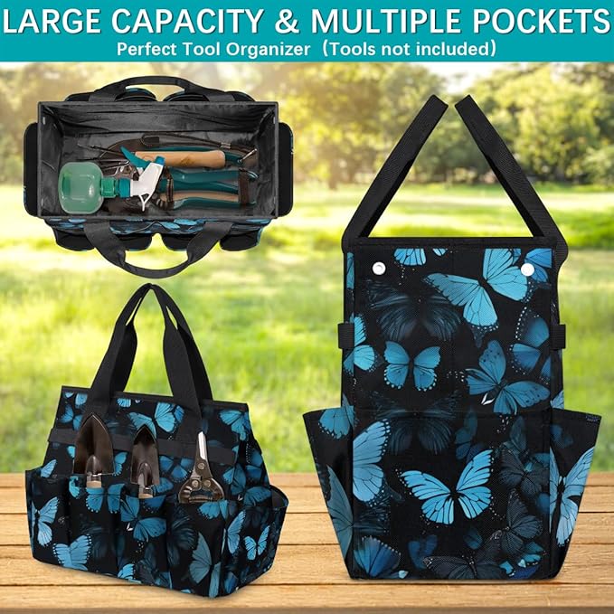 Butterfly Blue Gardening Tool Bag,Heavy Duty Garden Tote Bag,Portable Oxford Gardening Storage Basket Organizer Handbag with Pockets Handle,Hand Tools Gifts for Outdoor Garden Lawn Yard