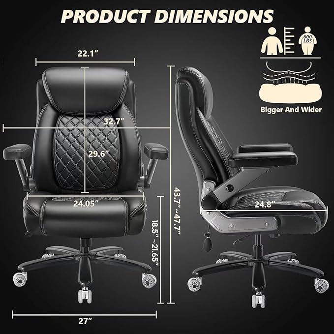 600LBS Large Heavy Duty Office Chair with 5D Flip Arms,Comfy Big and Tall Executive Office Desk Chair with Pocket Spring Cushion,High Back Computer Chair with Lumbar Support,Dual Rubber Wheel