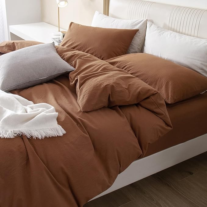 JIYUAN 100% Washed Cotton Duvet Cover Set 3 Pieces Oversized King, 1 Duvet Cover 120x98 Inches(Comforter Not Included) and 2 Pillowcases,Linen Feel Bedding Set Comfy and Breathable,Burnt Orange
