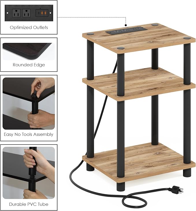 Furinno JUST Side Table Set of 2, 3-Tier Modern End Table with Charging Station, Open Shelf Night Stand, Bedside Table with USB and Type-C Port, for Living Room, Bedroom, Flagstaff Oak