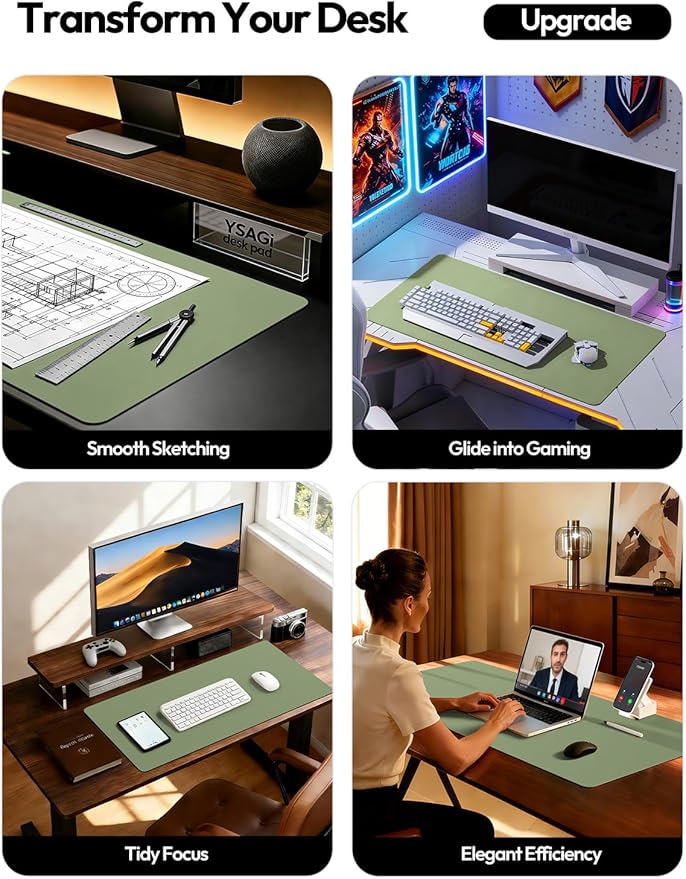YSAGi Leather Desk Pad Protector, Office Desk Mat, Large Mouse Pad, Non-Slip PU Leather Desk Blotter, Laptop Desk Pad, Waterproof Desk Writing Pad for Office and Home (Bamboo Green, 23.6" x 13.8")