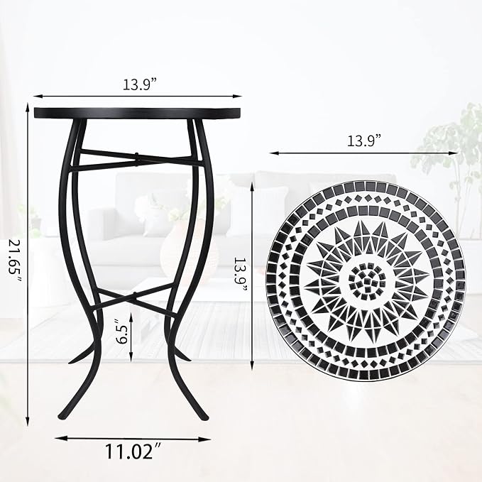 VCUTEKA Mosaic Outdoor Side Table, 14" Round Small Patio Accent Table Indoor End Table for Yard, Garden, Living Room, Bistro Balcony or Lawn Black