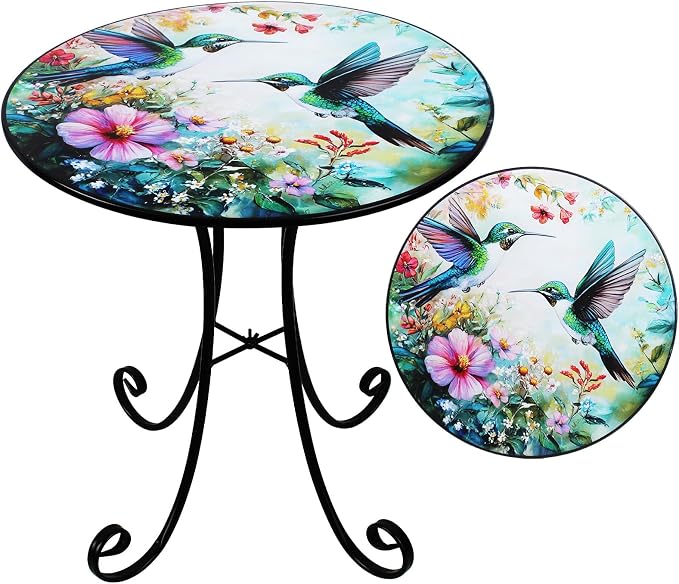 Outdoor Side Table, Hummingbird & Flower Round Accent Table, 18" Metal Indoor Small End Tables, Plant Stand Tables for Patio Yard Balcony Garden Bedside