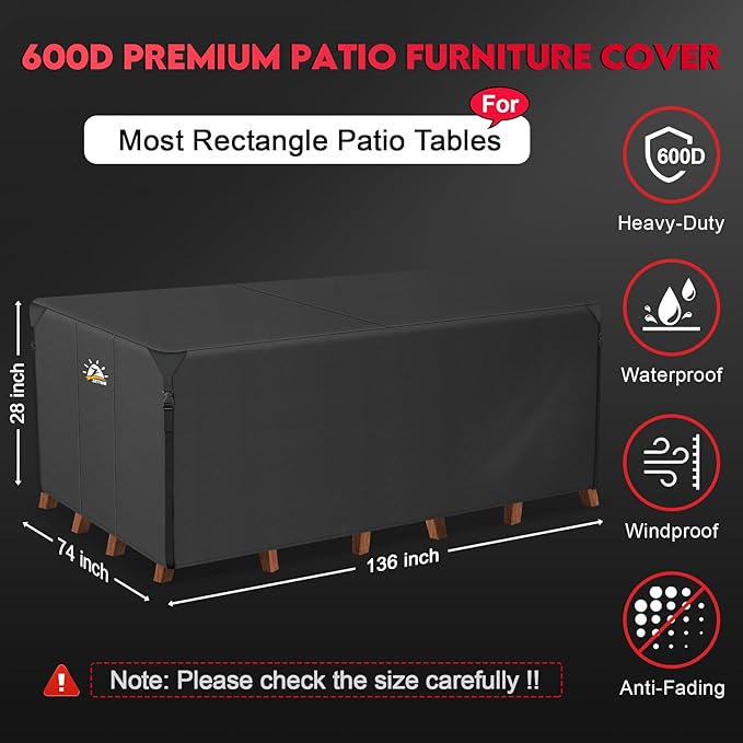 Zettum Patio Furniture Cover Rectangle - 600D Outdoor Table Cover Waterproof & Heavy Duty, Large Lawn Furniture Sofa Set Covers for Outside Dining Table and Chairs Seating Combo - 136 x 74 x 28 Inch