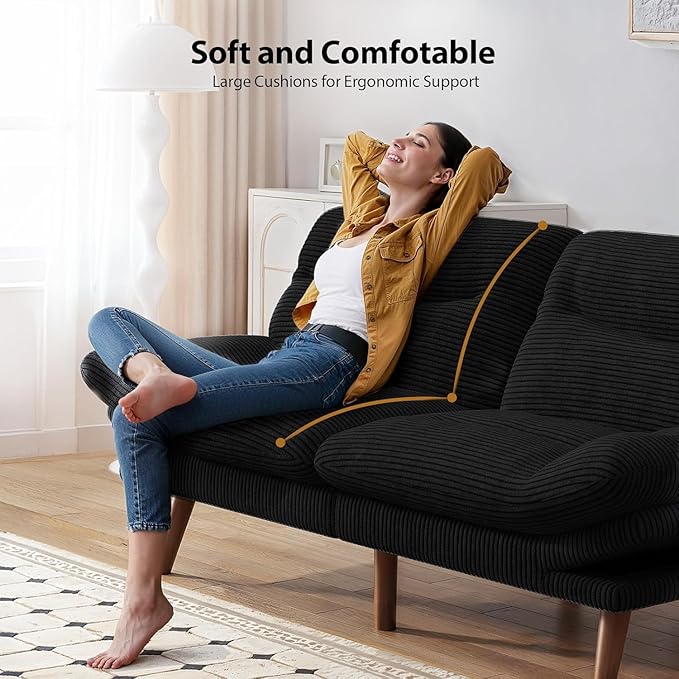 Pipishell Futon Sofa Bed, 66 Inch Corduroy Futon Couch Convertible with Adjustable Backrest and Armrests, Recliner Sleeper Sofa for Small Spaces, Living Room, Office, Guest Room (Black, 66 Inch)