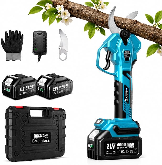 SEESII Electric Pruning Shears for Gardening: 1.8” Cutting Cordless Power Pruner - Brushless Motor, Dual 4.0Ah Battery, 4 Levels Adjustable Extra SK5 Blade Branches Cutter For Tree & Flower Trimming