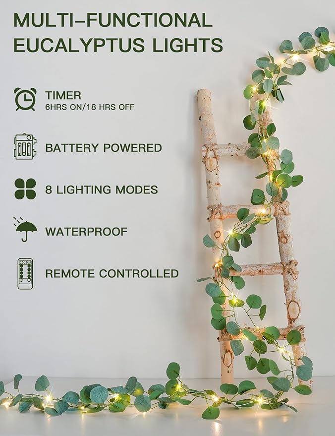suddus Vines with Lights Battery Operated, 33ft 100 LED Eucalyptus Garland