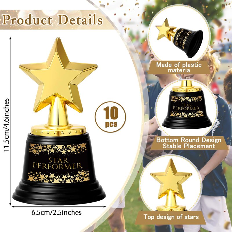 Fumete 10 Pcs 5 Inch Plastic Gold Trophy Award Thank You for Being Awesome Star Thumbs up Award Trophies Bulk Golden Trophies for Employee Teacher (Star Performer)