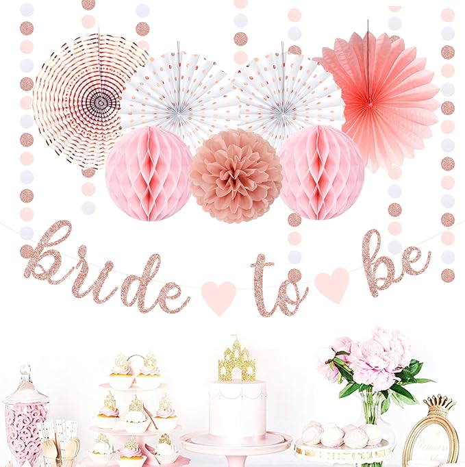 Light-Pink Rose-Gold Bachelorette Party-Decorations - 21pcs Baby Bridal Shower Banner Garland, Bride To Be Paper Streamers Lanterns,flower Tissue Pom Poms Fan Supplies,Wedding Backdrop Decor Huglony