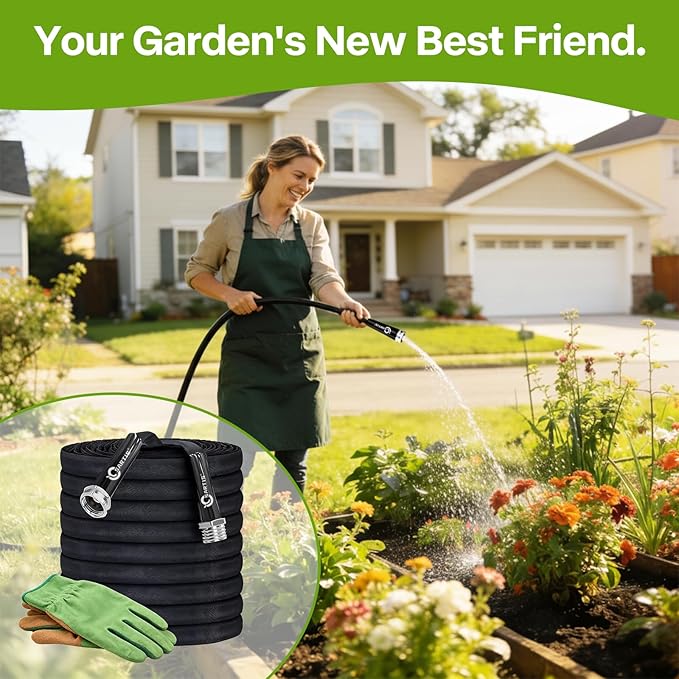 Garden Hose 100 ft x 5/8 in, Ultra-Light, All-Weather Water Hose, Leak-Free Connections,High Pressure Abrasion-Resistant Eco-Friendly, Black
