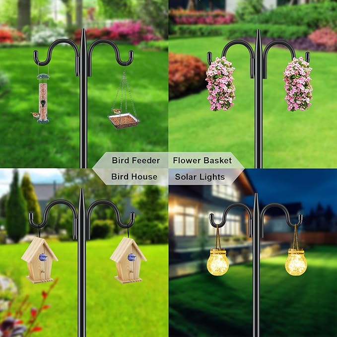 Gtongoko Bird Feeder Pole for Outdoors Heavy Duty, 2 Pack 92 Inch Double Shepherds Hook with 5-Prong Stable Base, 3/4 Inch Thick Hummingbird Feeder Stand for Hanging Plants, Lanterns