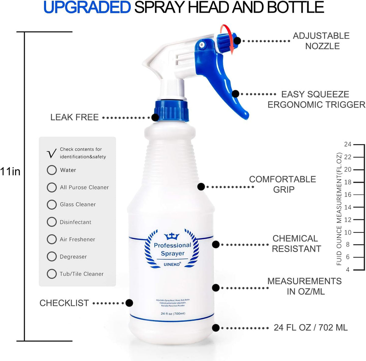 Plastic Spray Bottle (3 Pack, 24 Oz, 3 Colors) Heavy Duty All-Purpose Empty Spraying Leak Proof Mist Water Bottles for Cleaning Solutions Plants Essential Oils Hair Pet with Adjustable Nozzle