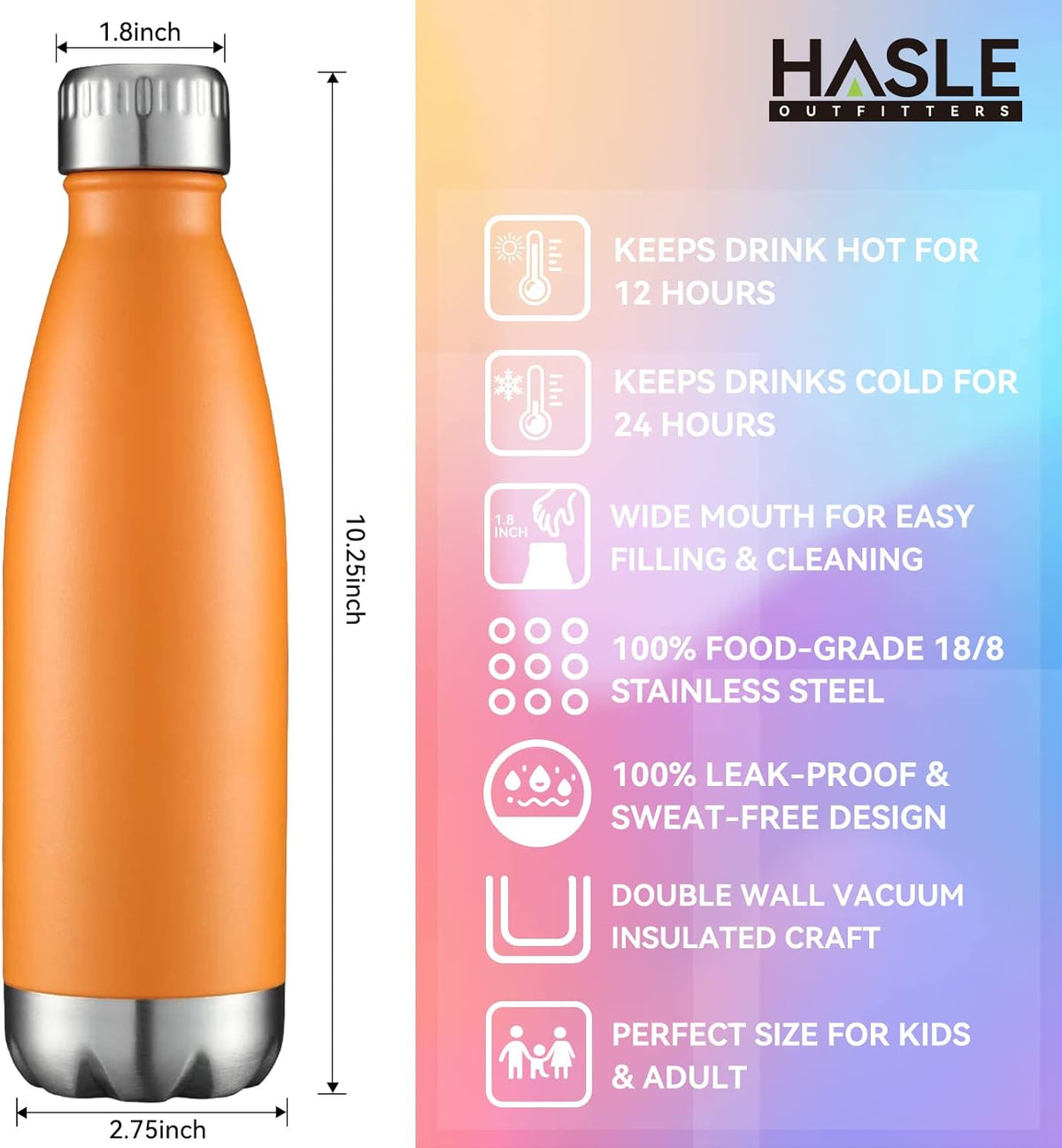 HASLE OUTFITTERS 17oz Stainless Steel Water Bottles Bulk, Vacuum Insulated Water Bottles Double Walled Powder Coated Reusable Metal Sports Water Bottles Keep Drinks Hot and Cold, Orange, 8Packs