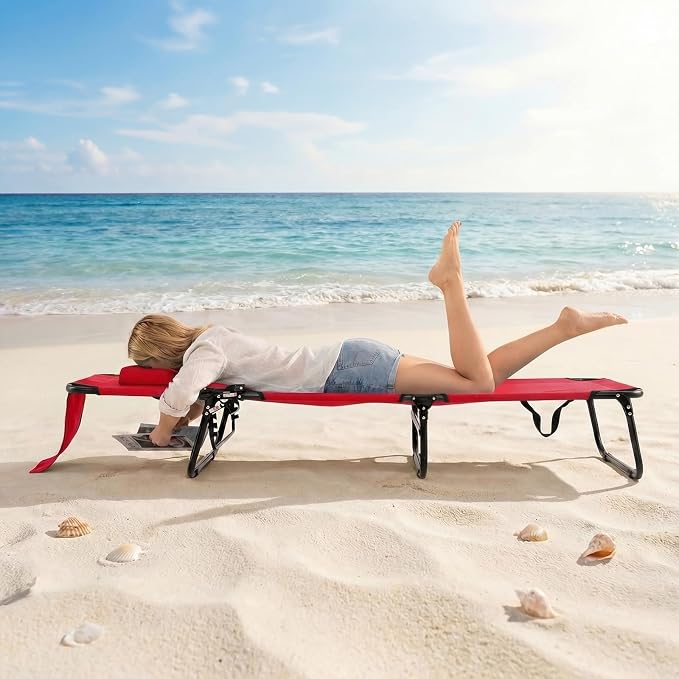 GYMAX Tanning Chair, Folding Lounge Chairs with Face Hole & Cover, Removable Pillow Carry Handle, Portable Compact Outdoor Layout Recliner for Beach, Poolside, Lawn, Patio, Camping (Red,2)