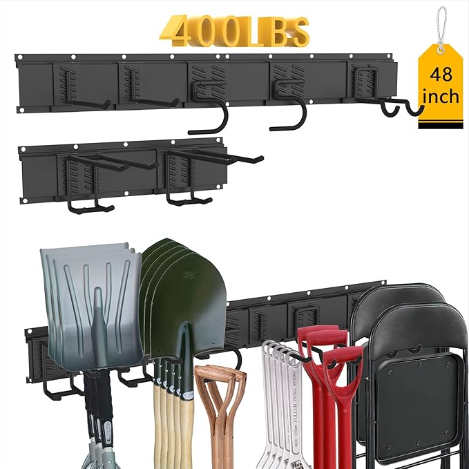 CBWLWJ Garage Tool Organizer Wall Mount, 48 inch Garage Wall Organizer, 400lbs Sturdy Garden Tool Organizer with 7 Adjustable Hooks, for Yard, Shed, Basement, Workshop(Black)