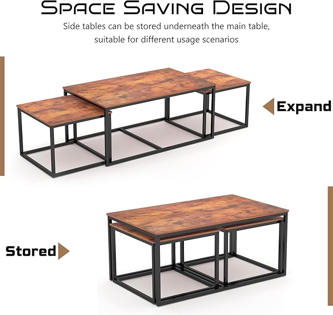 Nesting Coffee Tables,3 Piece Living Room Coffee Table,Industrial Rectangular Coffee Table Set,End Table Side Tables for Living Room Bedroom