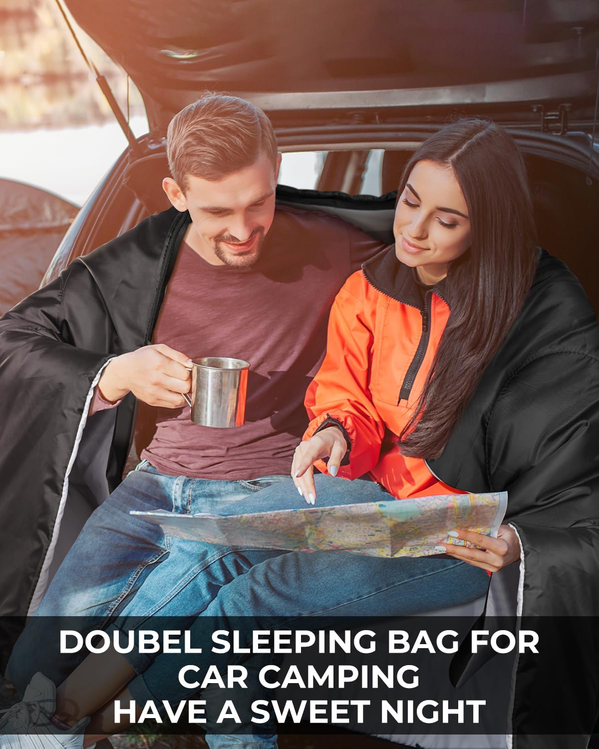 Queen Size Ohuhu Double Sleeping Bag for 2 - 3 Season Waterproof Camping with 2 Pillows, 87'' x 60''