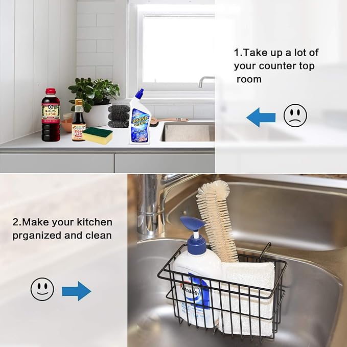 Kitchen Sponge Holder, Dish Brush Holder, Slim Sink Organization/Draining Basket/Liquid Drainer/Water Trough Rack, Kitchen Essential Tools, 304-Stainless Steel (Black)