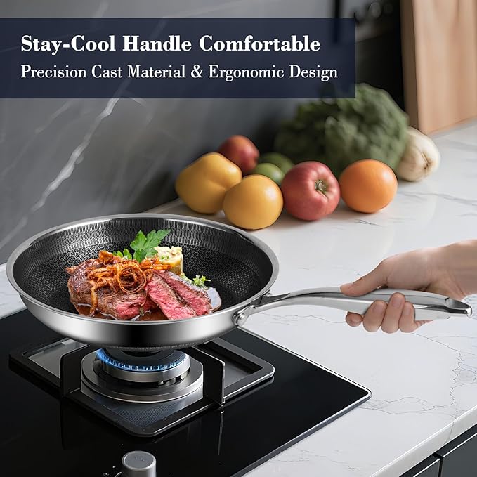 8 Inch Hybrid Non Stick Frying Pan Set Skillet Stainless Steel Skillet Chef's Pan with Matching Lid, PFOA-Free Non-Toxic Cookware, Dishwasher & Oven Safe, Induction Compatible All Cooktop