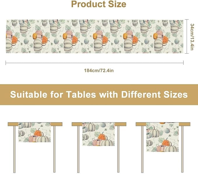 Fall Pumpkin Table Runner Vintage Leaves Plant Motifs Thanksgiving Theme Watercolor Illustration Home Decor for Farmhouse Indoor Outdoor Party Holiday Dining Kitchen Restaurant Cafe W13xL90in